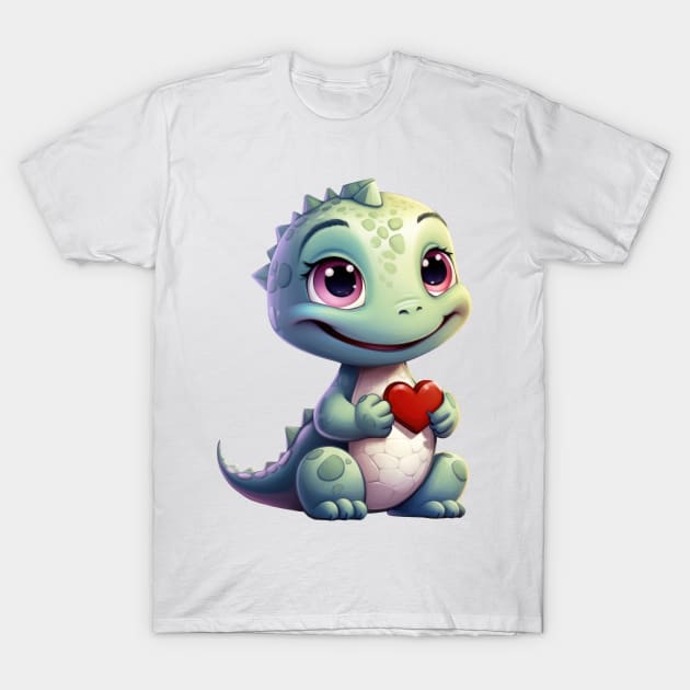 Valentine Dinosaur Holding Heart T-Shirt by Chromatic Fusion Studio